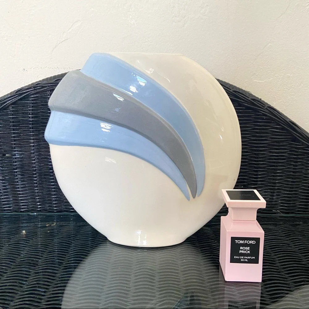 Vintage 1980s Art Deco Style Cornflower Blue and Cream Flat Round Ceramic Vase